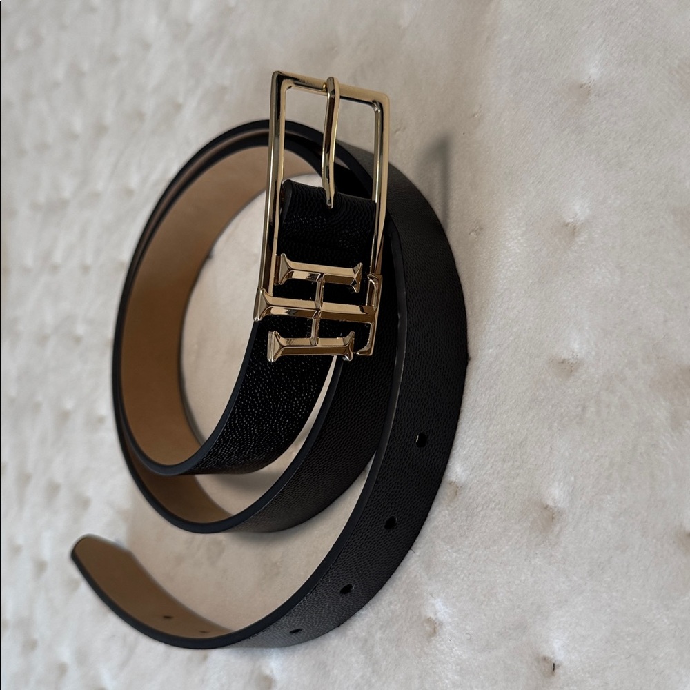 Black Leather Belt with gold TH Buckle